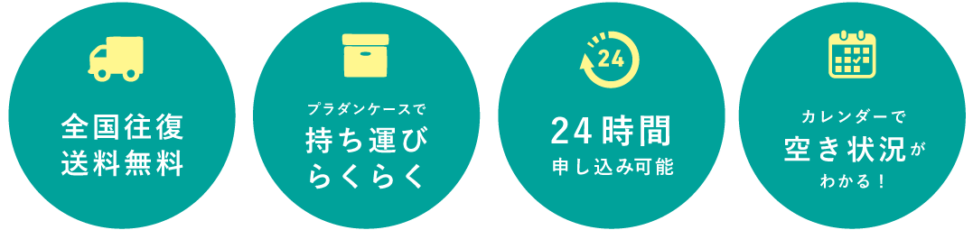 全国往復送料無料　軽量で持ち運び便利なプラダンケースを使用　24時間仮申し込みOK　機器の空き状況が一目でわかるカレンダー！